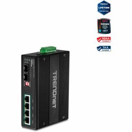 TRENDnet 6-Port Hardened Industrial Unmanaged Gigabit 10/100/1000Mbps DIN-Rail Switch, 4 x Gigabit PoE+ Ports, 2 x Dedicated SFP Slots, Lifetime Protection, Black, TI-PG62B