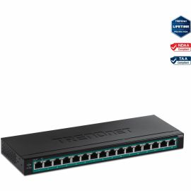 TRENDnet 16-Port Gigabit PoE+ Switch; TPE-TG160H; 123W PoE Power Budget; 32 Gbps Switching Capacity; Desktop Switch; Ethernet Network Switch; Metal; 1U 10